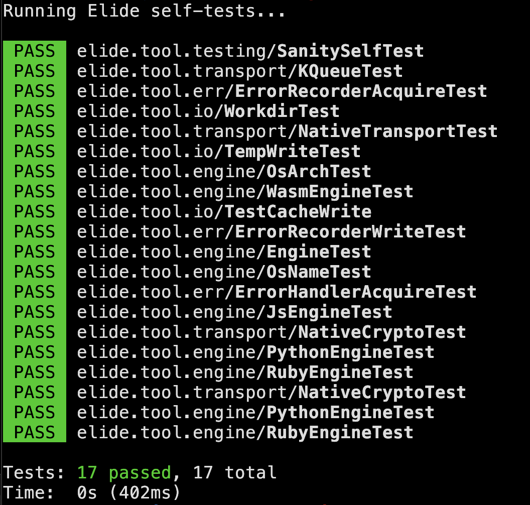 Self-test output from the Elide binary